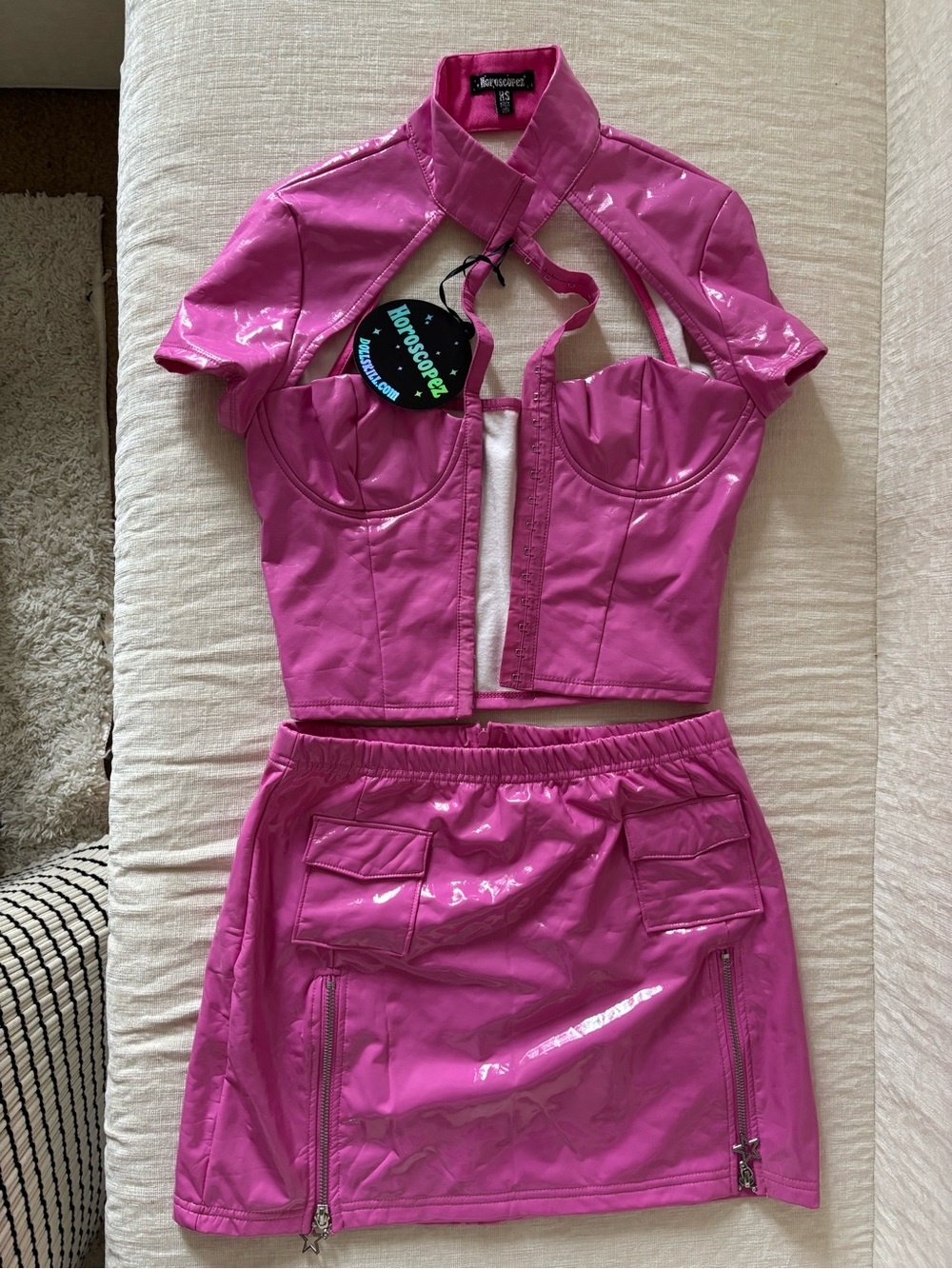 Dolls Kill Shiny Hot Pink Vinyl Cut-Out Bustier & Mini Skirt Set